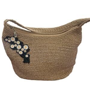 Vintage The Sak Hand Crochet Woven Shoulder Bag Neutral Taupe Daisy  Applique